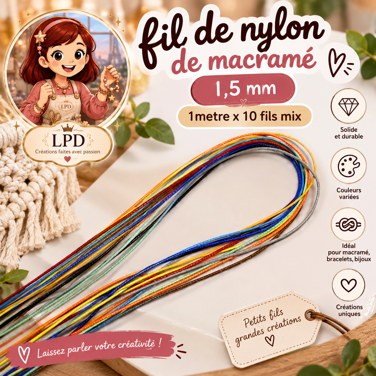 Accessoires de fil de nylon de macramé 1,5 mm (1 metre x 10 fils mix)