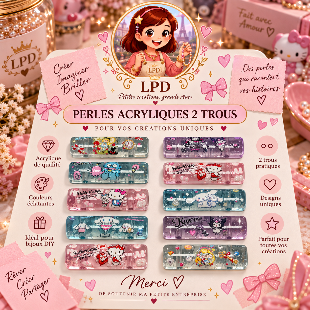 Perles Acrylique 2 et 3 trous - lot de 5/10/15/20p/25p (LIVE)