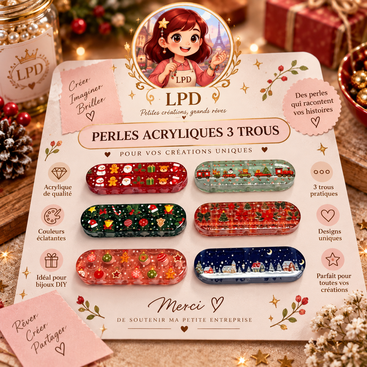 Perles Acrylique 2 et 3 trous - lot de 5/10/15/20p/25p (LIVE)