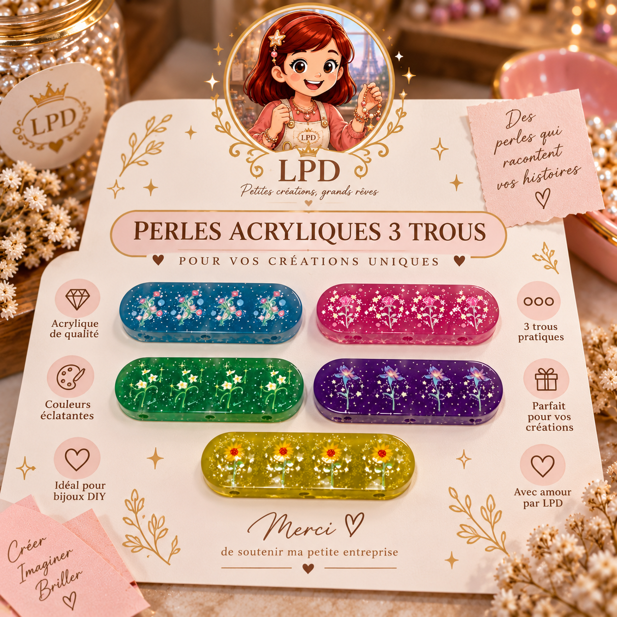 Perles Acrylique 2 et 3 trous - lot de 5/10/15/20p/25p (LIVE)