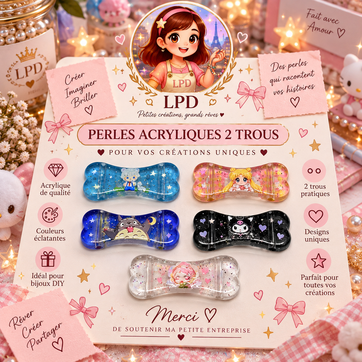 Perles Acrylique 2 et 3 trous - lot de 5/10/15/20p/25p (LIVE)