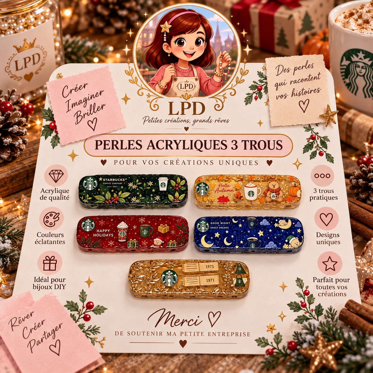 Perles Acrylique 2 et 3 trous - lot de 5/10/15/20p/25p (LIVE)