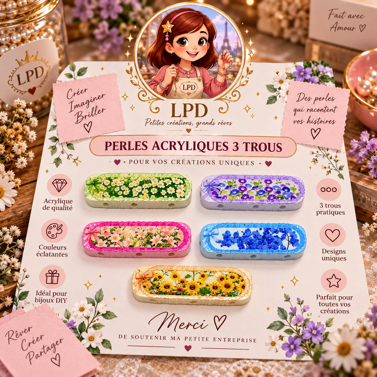 Perles Acrylique 2 et 3 trous - lot de 5/10/15/20p/25p (LIVE)