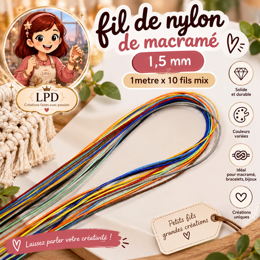 Accessoires de fil de nylon de macramé 1,5 mm (1 metre x 10 fils mix)
