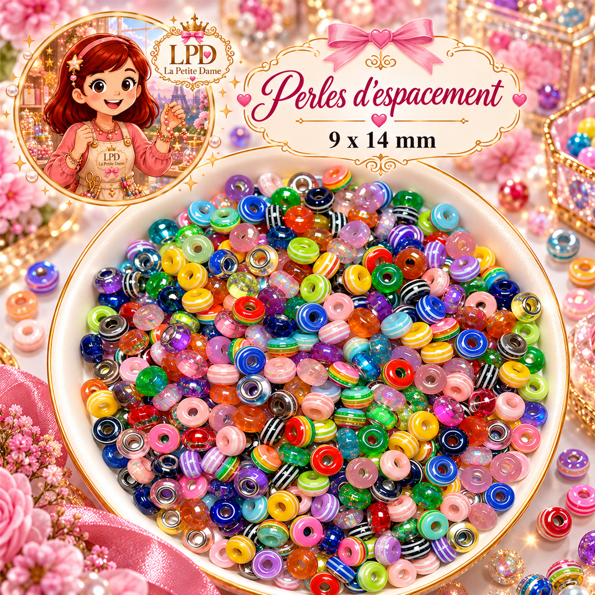 Perles Rond Grand trou 9x14mm Mix 100pcs Espacement amples